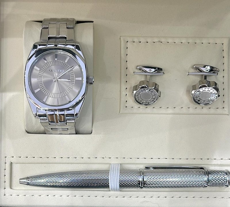 A gift set for men consisting of a wristwatch, a pair of cufflinks, and a ballpoint pen.